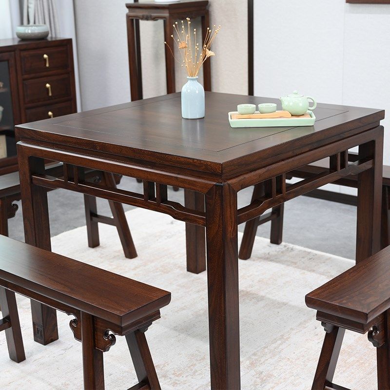 老榆木八仙桌仿古长条凳全实木正方形餐桌椅明清古典茶桌中式方台