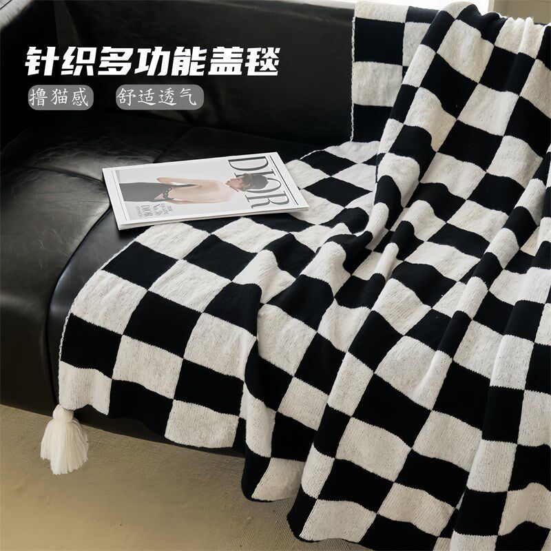 复古棋盘格毛毯黑白大格毛巾毯沙发休闲盖毯多功能汽车空调房毯子