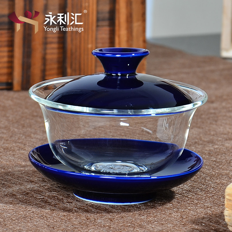 永利汇耐热加厚玻璃盖碗陶瓷手绘三才茶碗泡茶杯小号功夫茶具单个