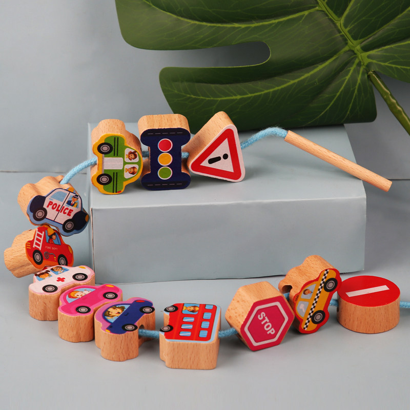铁盒装木制实木婴幼儿童串珠穿绳子动物水果交通款穿珠子益智玩具