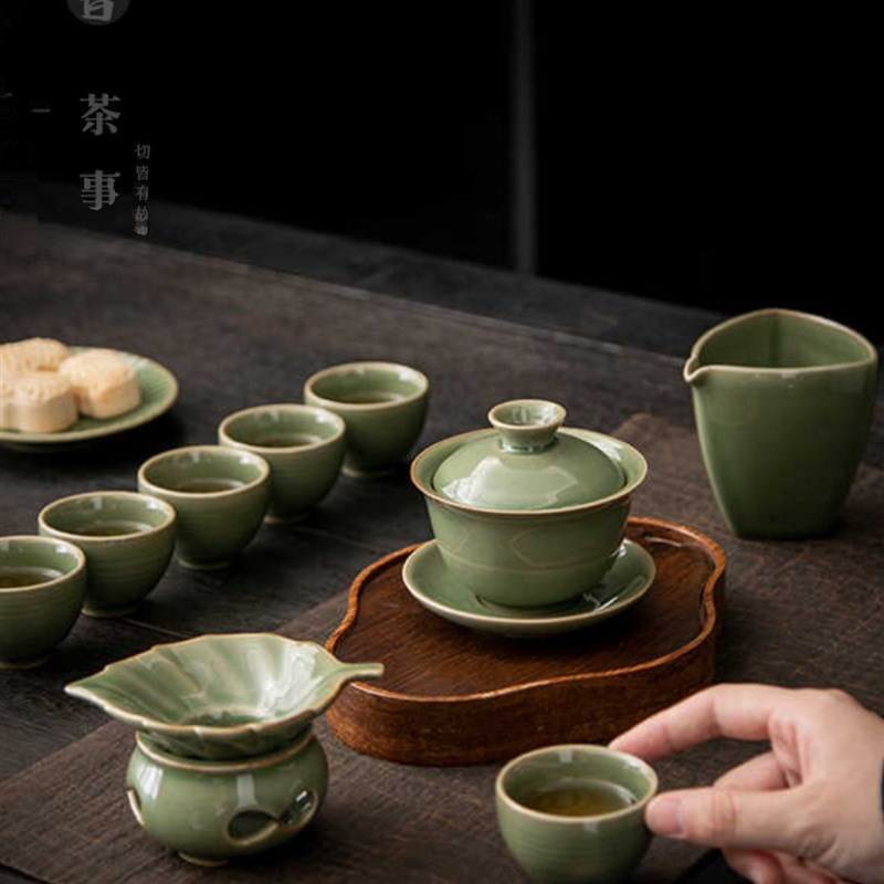 覆古陶瓷盖碗茶杯全套功夫茶具泡茶套装中式越窑青瓷手抓壶泡茶器