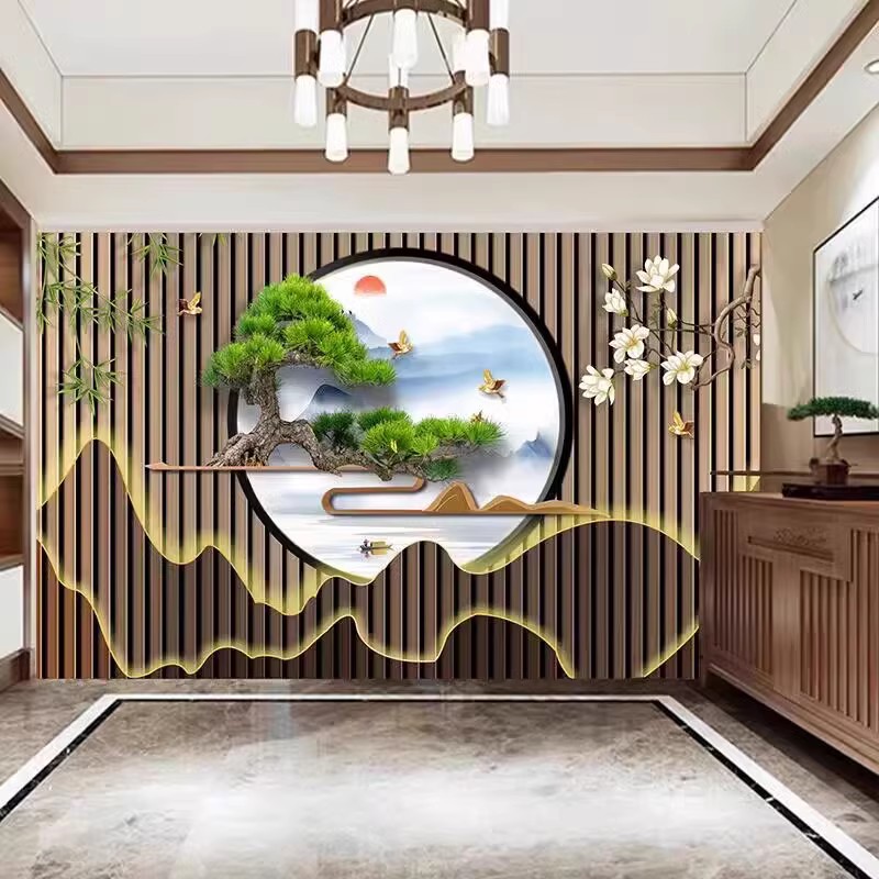 浮雕中式客厅电视背景壁纸意境山水书房壁画招财办公室茶室墙壁画