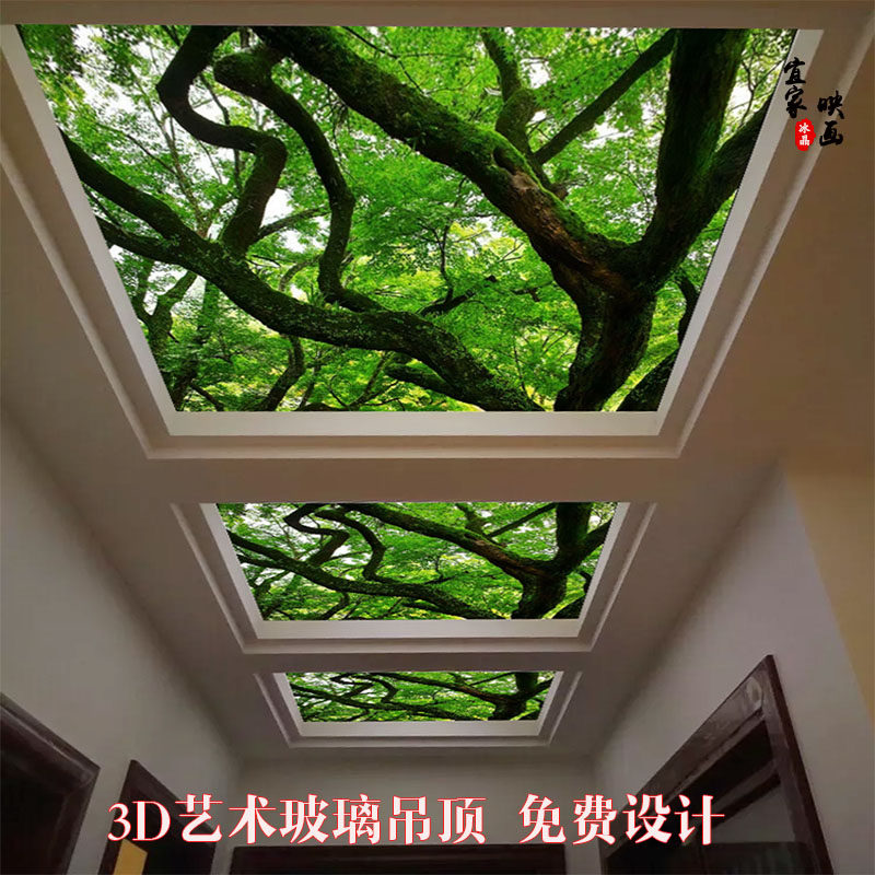 3d风景艺术玻璃吊顶装饰背景墙过道走廊客厅玄关透光玻璃天花定做