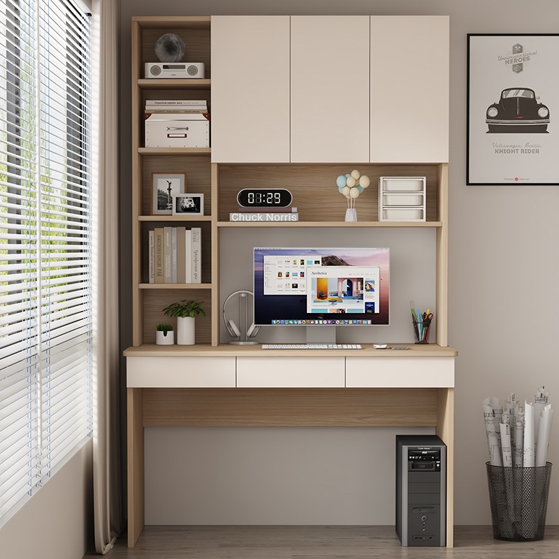 定制人书桌书架一体家用书柜电脑桌实木写字台学习桌子现代简约