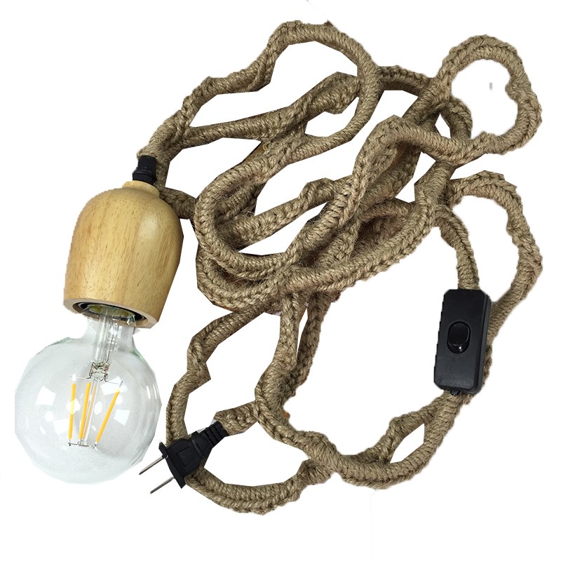 复古实木插头带开关吊灯麻绳壁灯茶室宿舍出租房爱迪生灯泡氛围灯