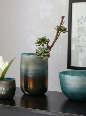 地中海复古怀旧玻璃艺术蓝色花瓶大口手工玻璃花器样板房装饰摆件