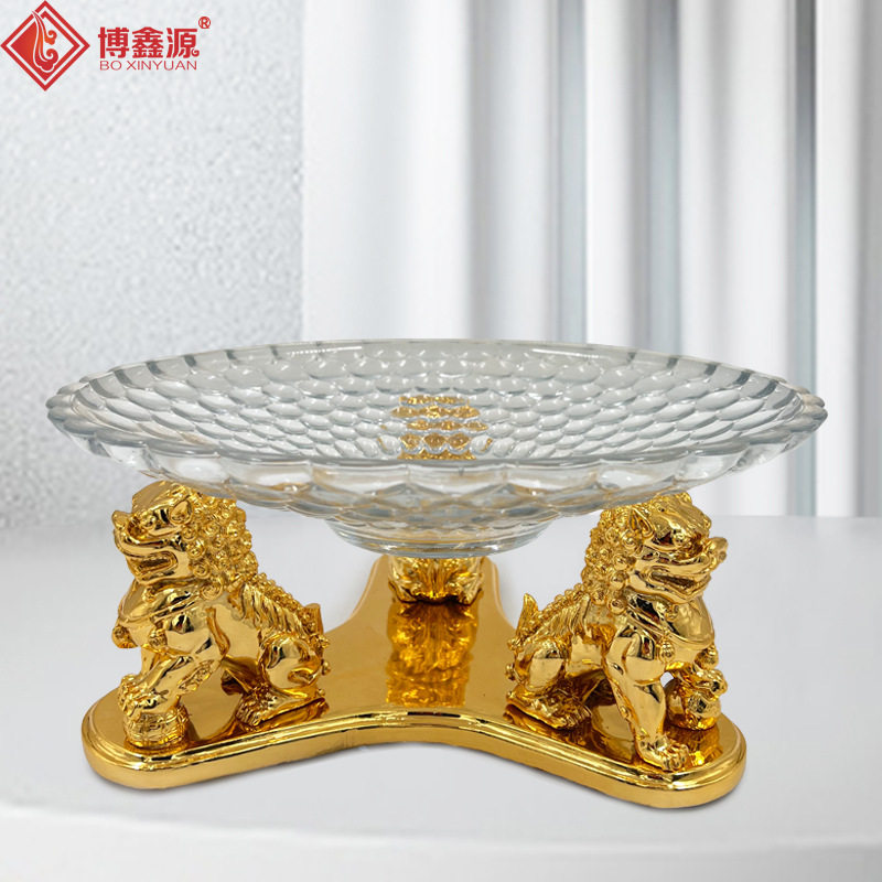 树脂三头翠玉狮子果盘摆件
