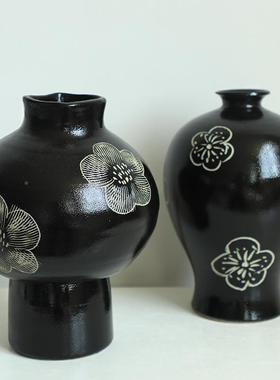 现代简面约花IRD黑白陶手绘朵花器客厅卧室样板间瓷国潮花瓶桌摆