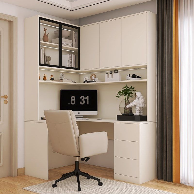 90度转角书桌书柜一体小户型卧室靠墙定制l型拐角书架电脑桌组合