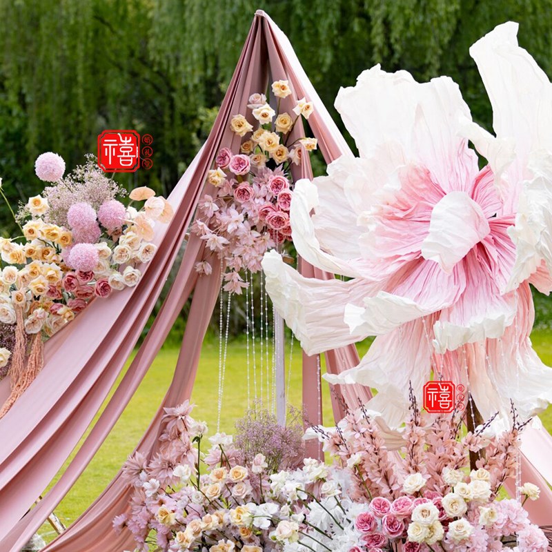 大型手工褶皱纸艺美塑花婚庆婚礼背景橱窗装饰成品花定制巨型纸花