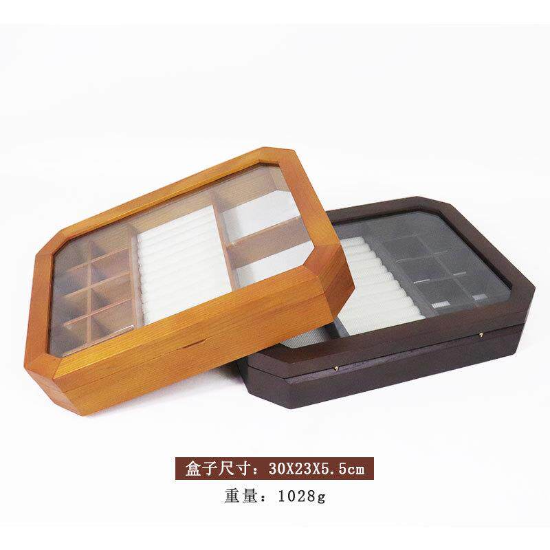 实木玻多璃透盖明翻XDP盖透明前饰品盒木质桌面八角式收纳分格收