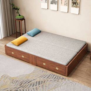 新中式实木罗汉床推拉伸缩折叠客厅小大户型两用多功能储物沙发床