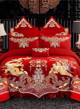 庆四结大件套红色刺绣婚床新BVC婚婚喜被婚房婚床