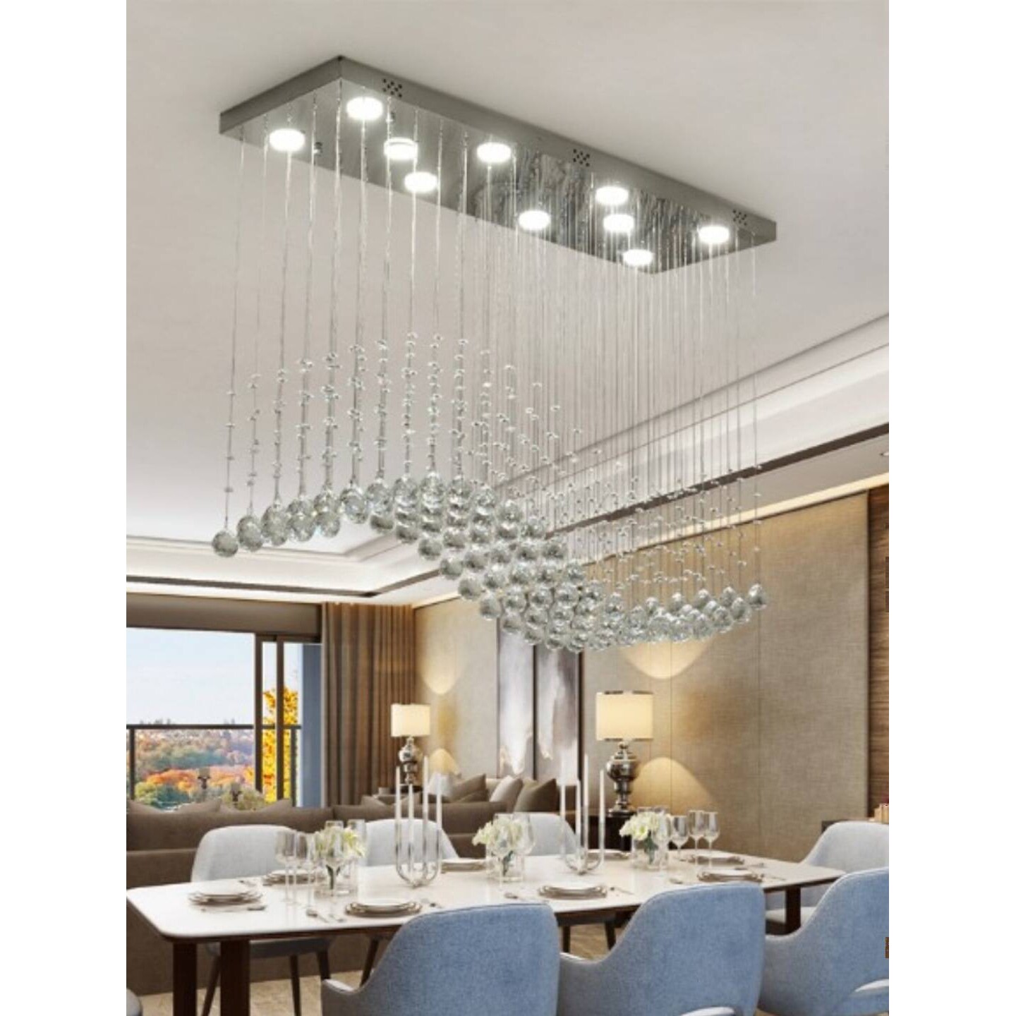 波浪长方形水晶吊线灯简约客厅LED饭厅吧台灯隔断灯餐吊灯具