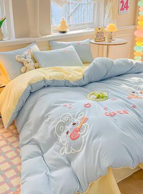 学卡通毛绣四件套水洗棉被套生VZZ宿舍三件套笠床单巾床被套床上