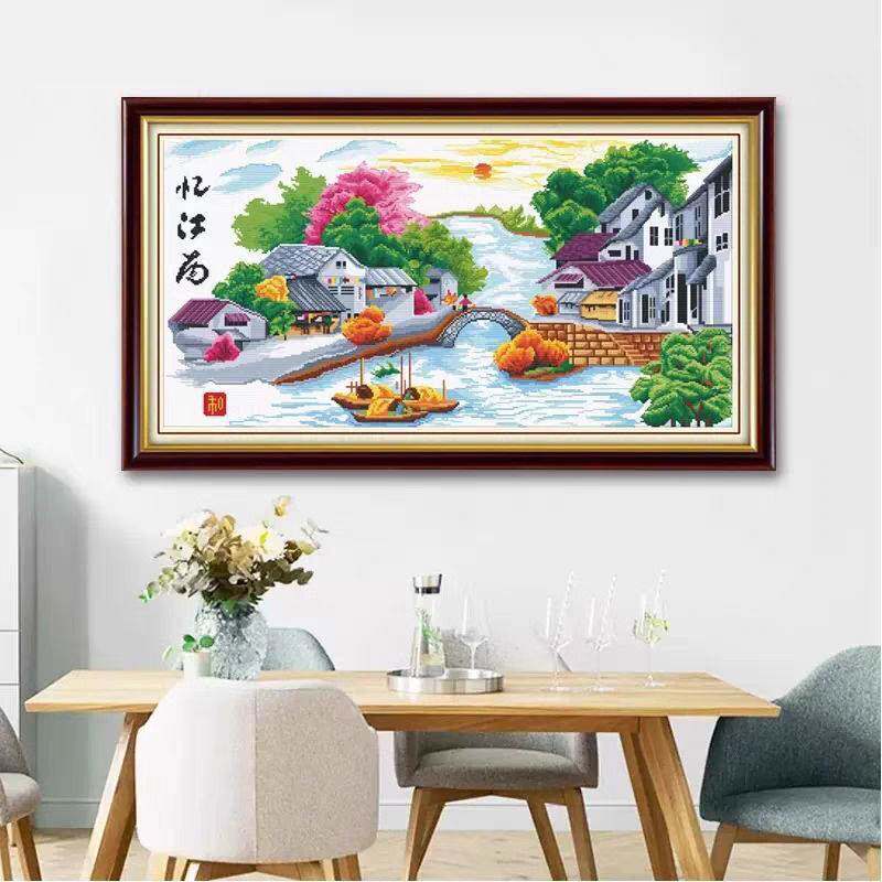忆江南十字绣成品不带框纯手工出售已绣好2025新款客厅高端山水画