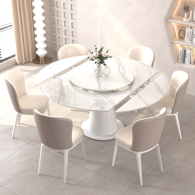 奶油风多功能岩板餐桌椅组合现代旋转伸缩内嵌式转盘带电磁炉圆桌