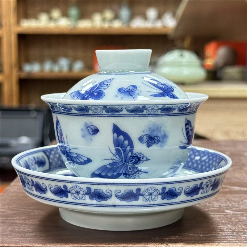 青花瓷蝴蝶三才盖碗单个泡茶碗陶瓷茶杯家用功夫茶具敬茶碗带壶承