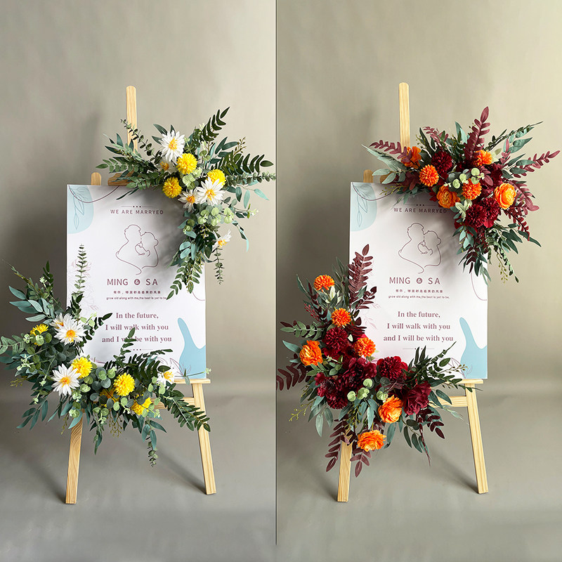 婚庆迎宾海报牌装饰花艺派对KT板广告牌花点成品水牌花挂花布置花