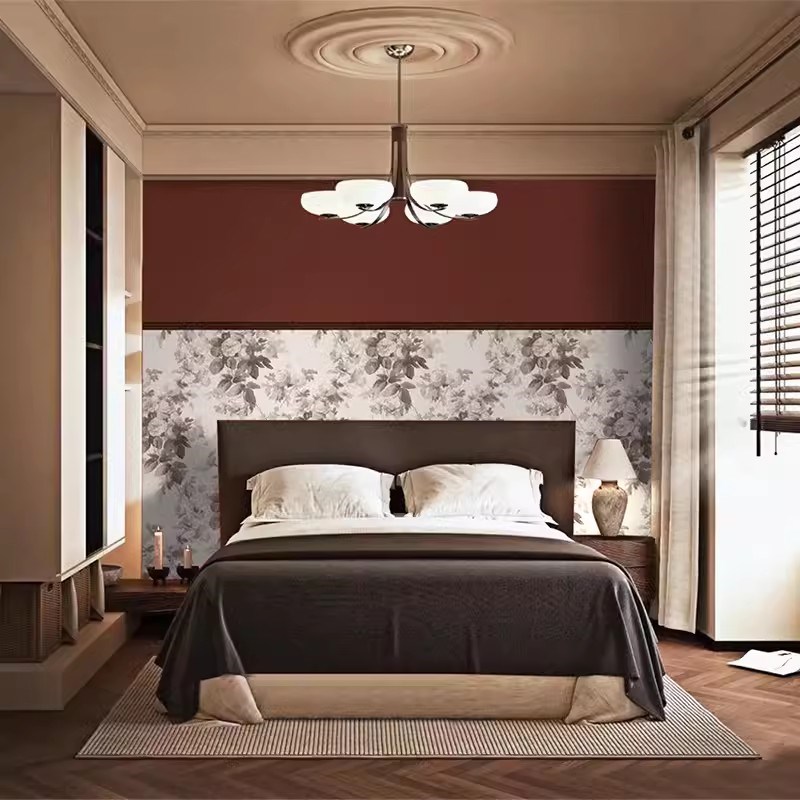 南法式复古墙纸焦糖色简约黑白玫瑰花壁纸中古风民宿客厅卧室墙布