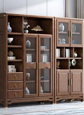 中式实木胡桃木展书柜带玻璃门带灯示柜一整墙TCD体轻奢新书房组