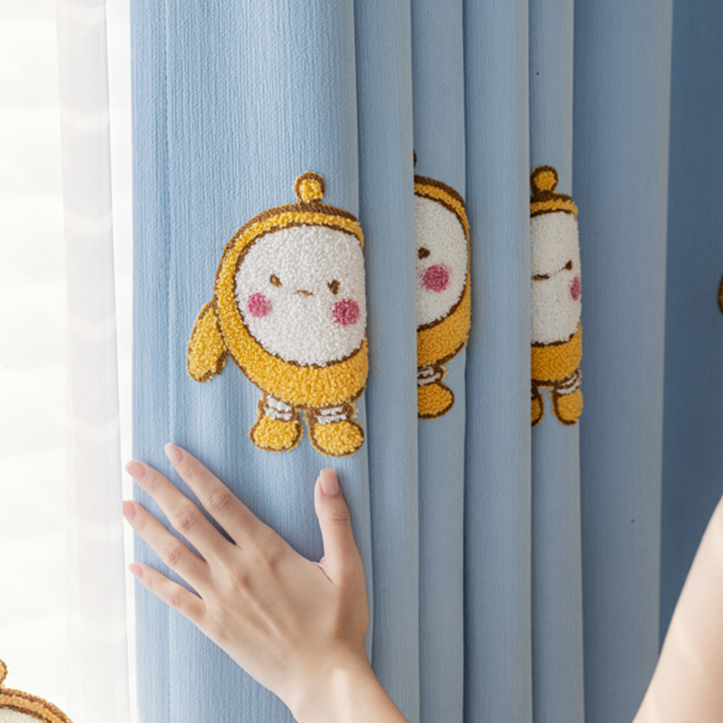 儿童房窗帘男孩绣花卡通儿童房蓝色蛋仔遮光卧室阳台飘窗定制uk