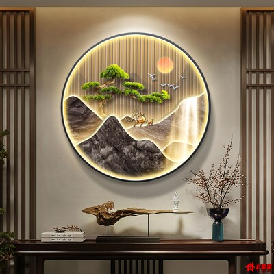 流水生财玄关装饰画高级感圆形灯画客厅大气山水挂画餐厅走道壁画