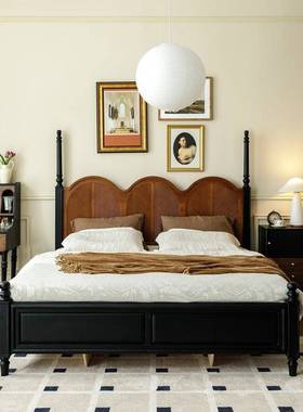 1中古风双人床黑色北美红橡木樱木撞色桃卧1室家具米8实木ISC床米