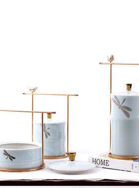 玄新中式青绿色ZWN蜻蜓开盖小鸟铁酒艺陶瓷博家居装饰品店关古架