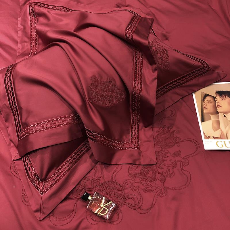 F7666T5M欧棉120支长绒四式件套纯棉婚贡缎刺庆绣酒红色床上用品