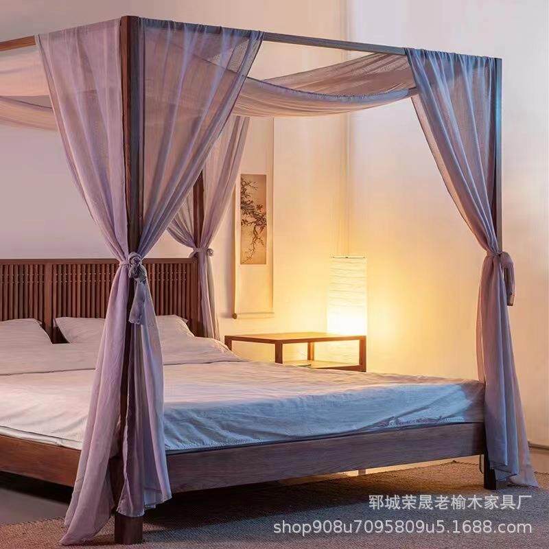 新中式JDP老榆木实婚床民宿酒店木双人带蚊帐床四柱家居室双人大