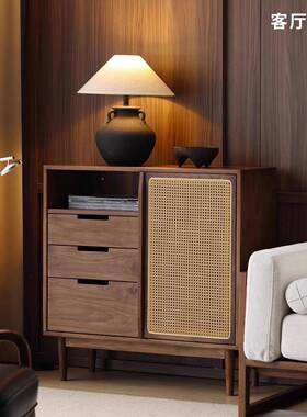 胡北柜美IXJ黑桃木斗柜厅靠墙置物收纳柜实木电视边柜客藤编中古
