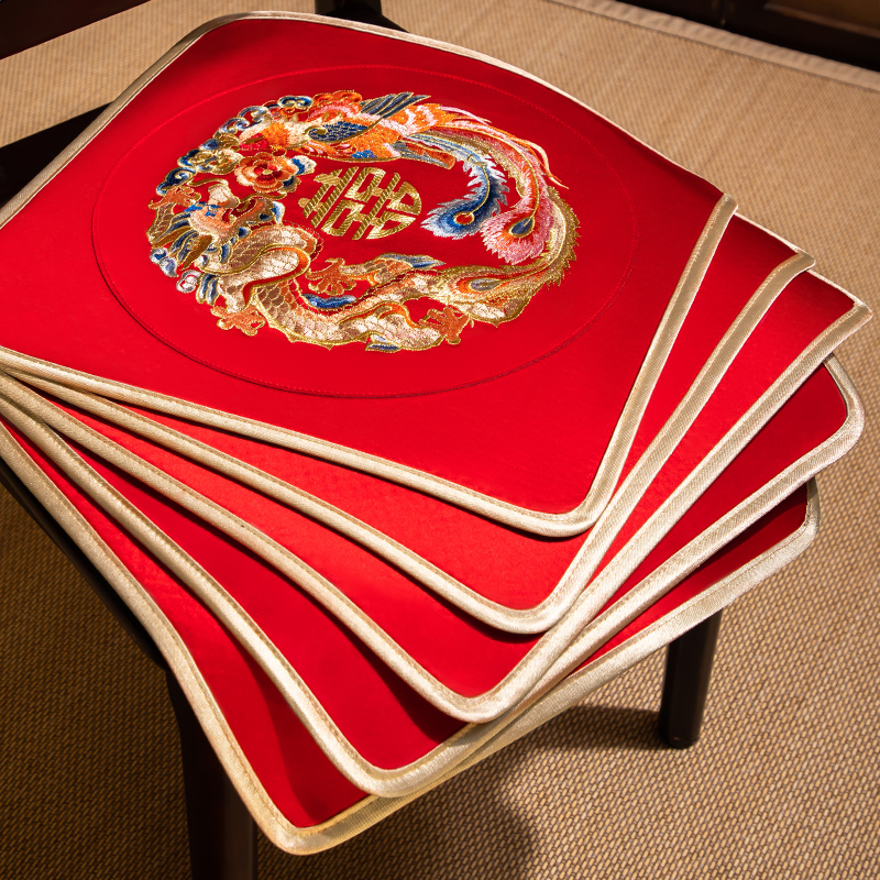 结婚椅垫实木椅子坐垫红色龙凤刺绣喜字餐椅垫茶桌婚庆防滑垫定制