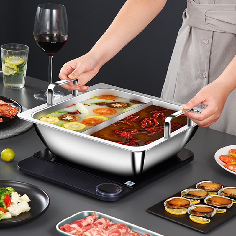 金星窄底三层钢方盆30食品级不锈钢火锅鸳鸯锅商用方形火锅盆