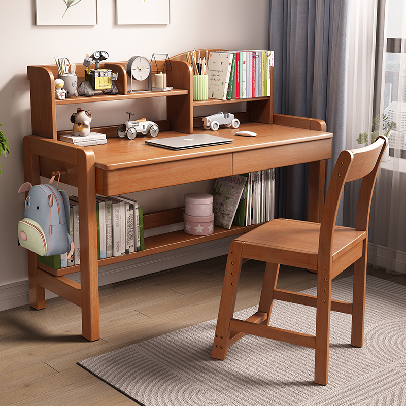 实木升降书桌家用儿童学习桌卧室极简学生课桌书架书桌组合一体桌