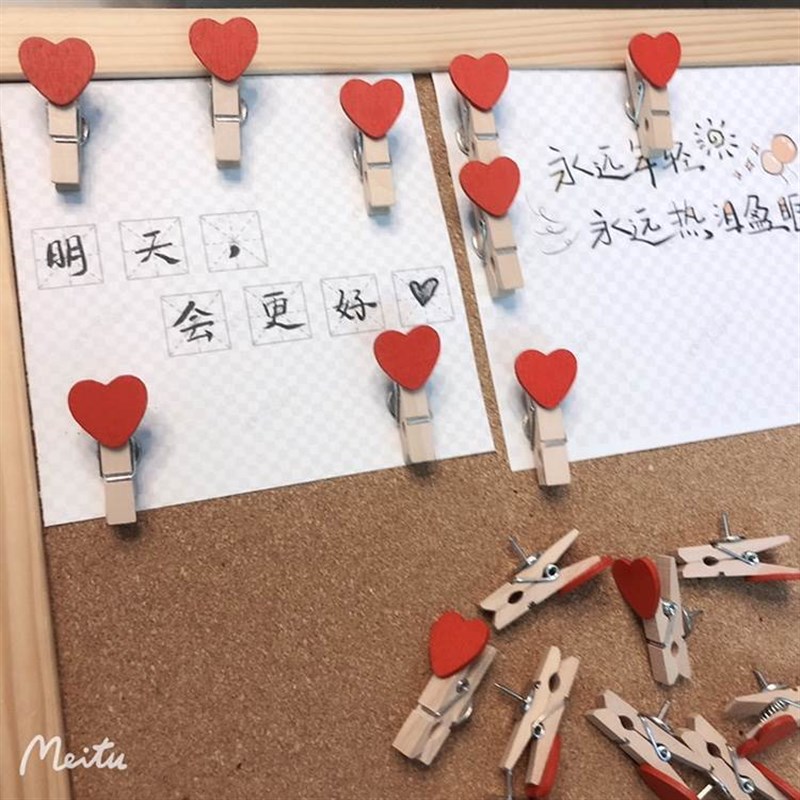 20枚红色木夹图钉夹子美工钉子木夹照片墙留言毛毡板公告栏大头钉