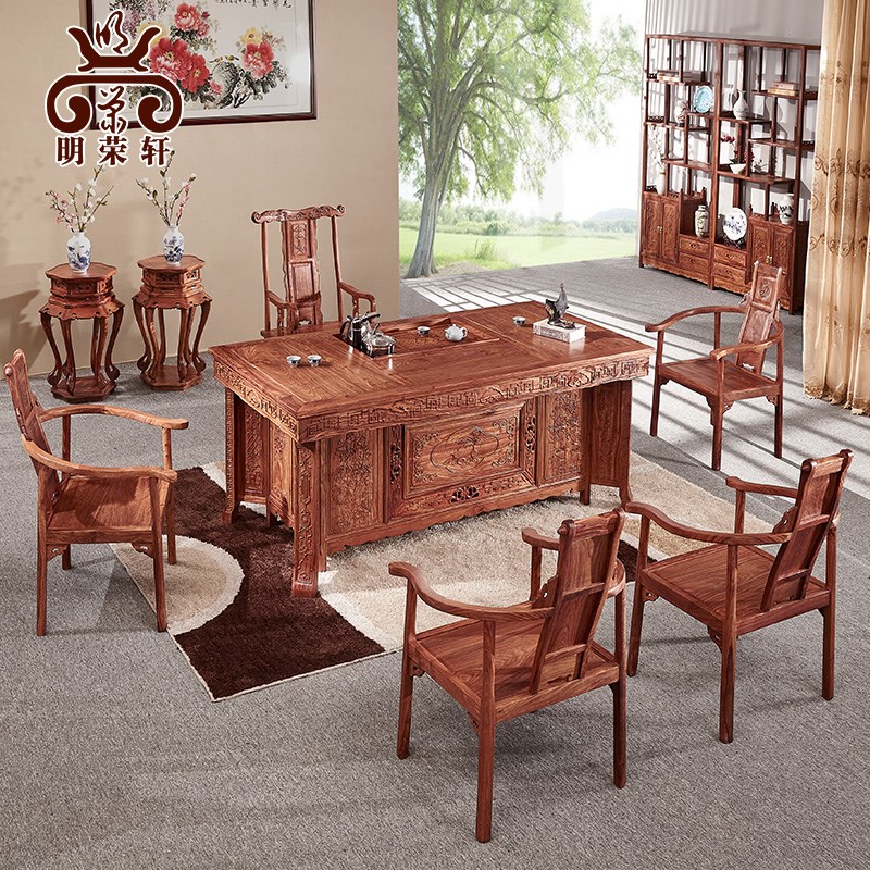 明荣轩红木家具刺猬紫檀八角茶台茶桌实木家具花梨木茶桌台椅组合