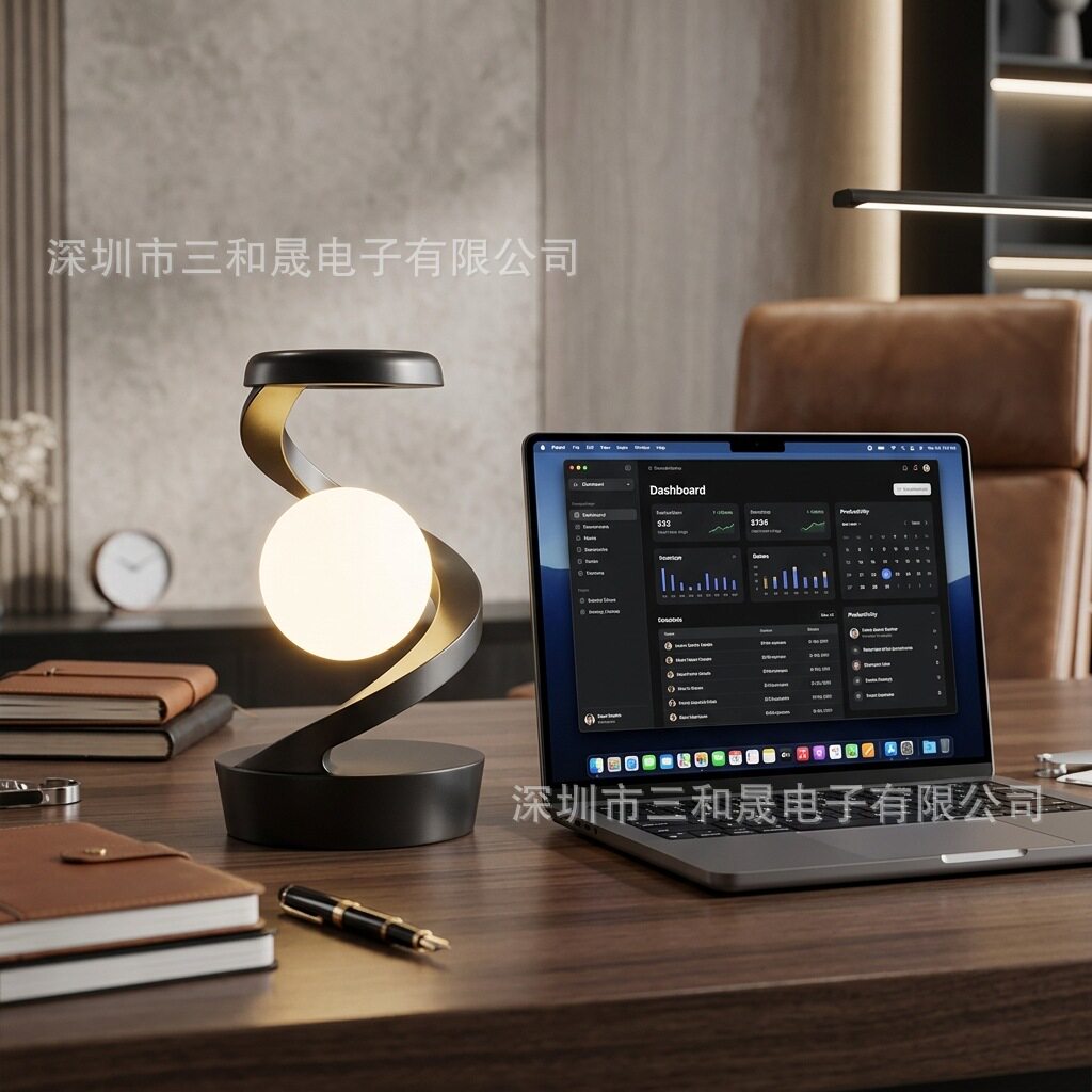 跨境新款悬浮旋转无线充RGB台灯桌面床头解压小夜灯可调光护眼灯