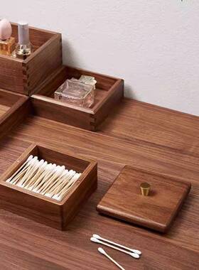 复古黑胡桃桌实木质JPK面纳收家化用牙签牙线棉签妆棉带盖防尘收
