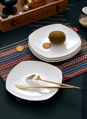 纯方白盘子10装骨只瓷盘家用菜盘F76J5JS6陶瓷碟子早餐盘四形牛平