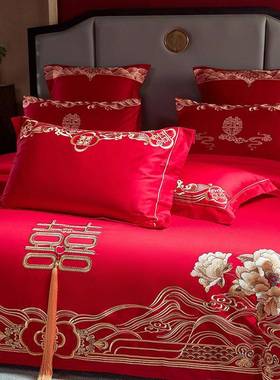 全棉庆四件套结婚纯婚棉龙件套长绒棉六大红色凤喜被婚嫁APO床上