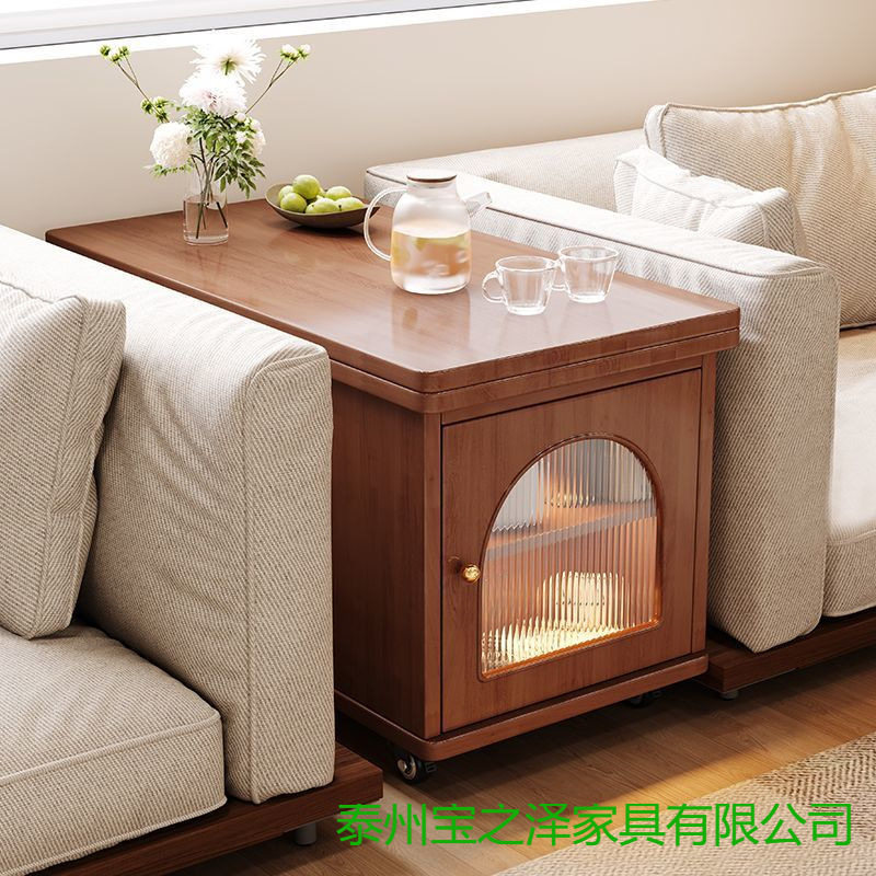 实木可折叠茶桌移动式茶几小户型客厅家用沙发边柜小推车巴士边几图片
