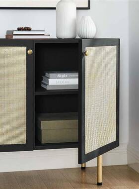 电商源藤编边柜黑墙WRE边矮柜储餐物色收纳柜子板货式家具
