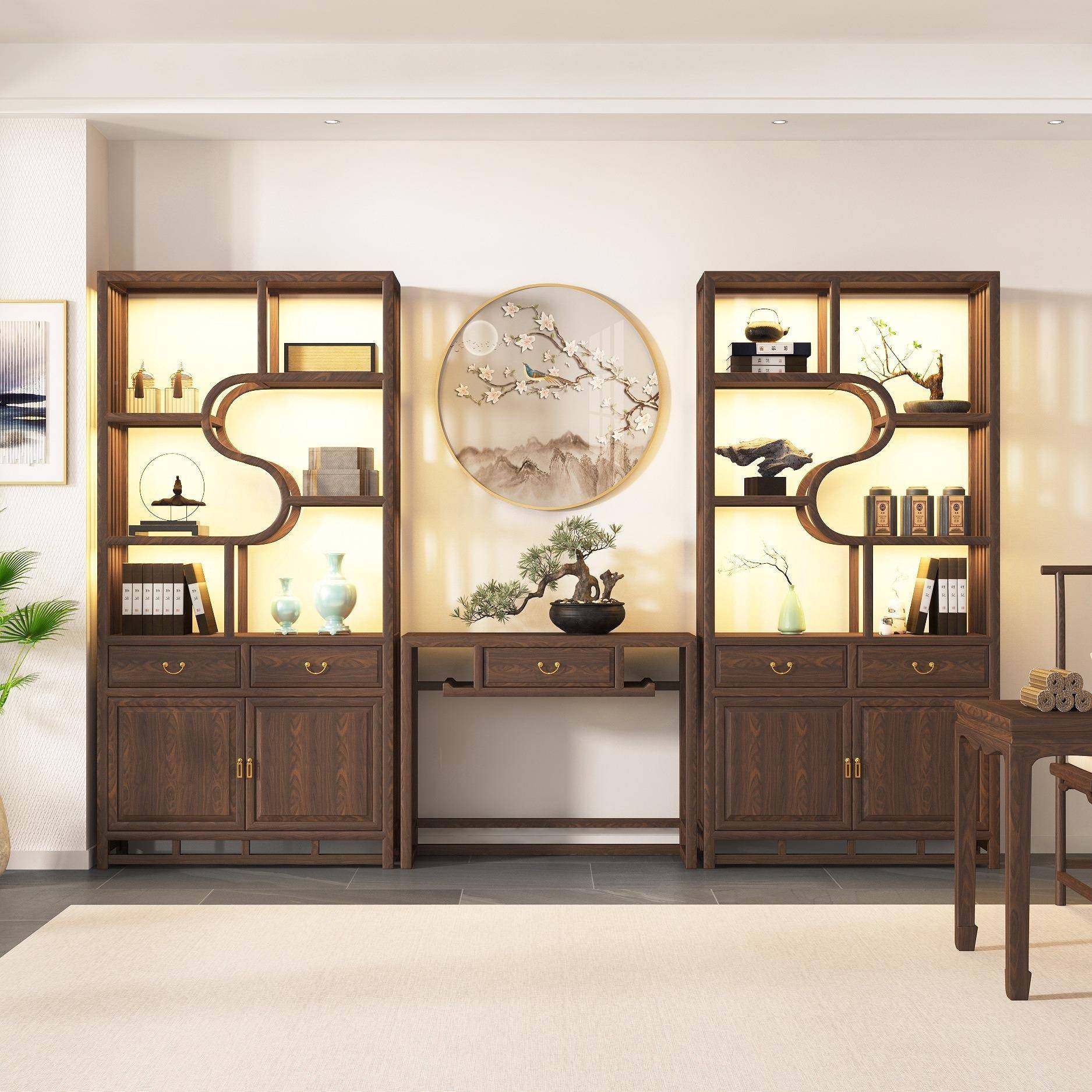 博古架现代简约实木布中式置20240422物架展示架书房书柜中新式茶