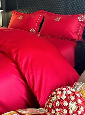 婚庆10支棉长绒结婚四件刺套纯棉婚嫁大红色VKU绣简约被套陪嫁0床