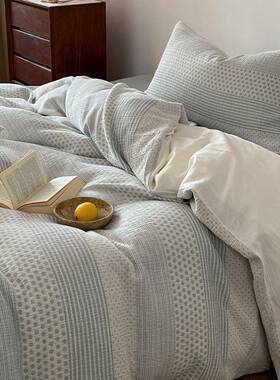 清爽织纹全棉ABGC三层皱皱类纱四件套日式复古简约条双层纱布色被