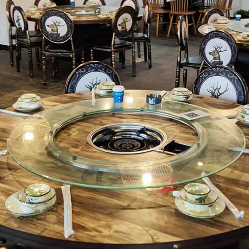 电池炉地锅火锅钢化玻璃转盘开孔餐桌圆桌空心旋转钢圈圆台面定做
