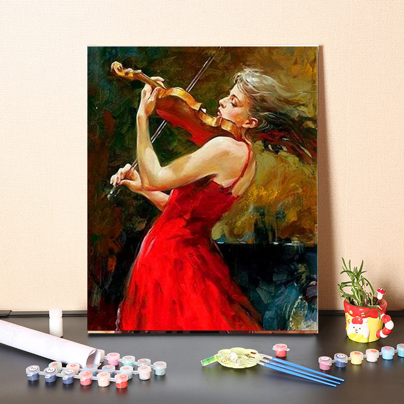 数字油画diy手工填充拉小提琴的女人手工手绘减压画画涂色油彩画