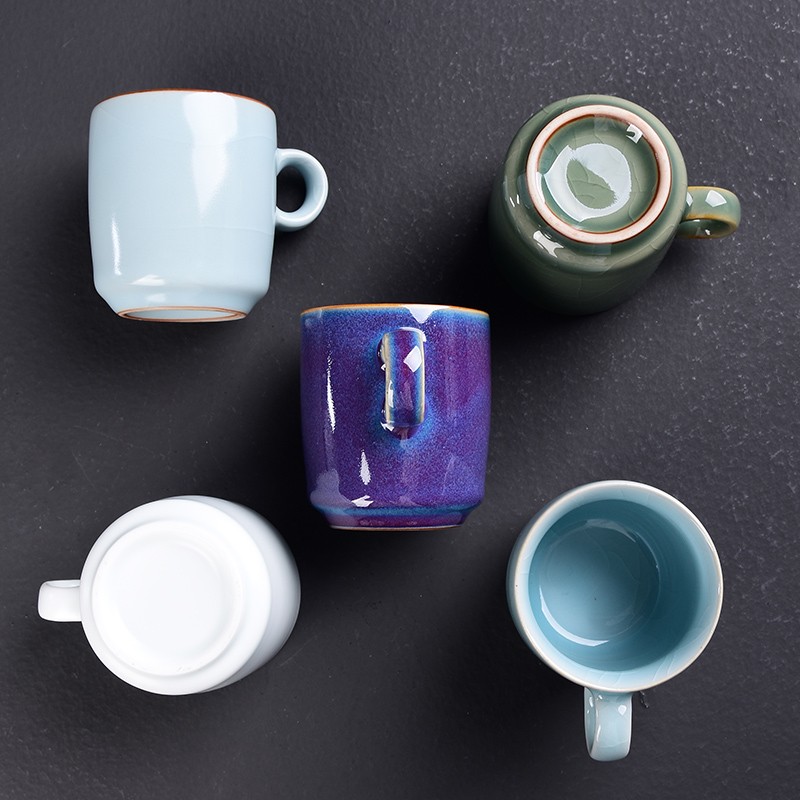 哥汝定钧窑防烫陶瓷功夫茶杯小号杯子带把茶具家用套装迷你主人杯