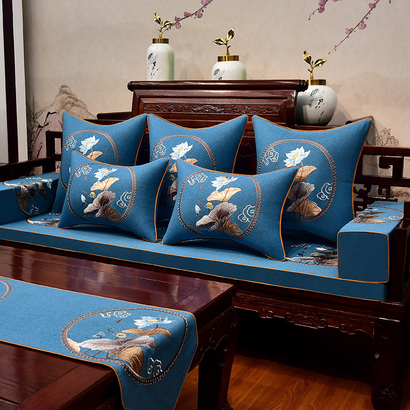 中式红木沙发坐垫棉麻刺绣古典实木家具椅垫靠垫罗汉床垫防滑定制